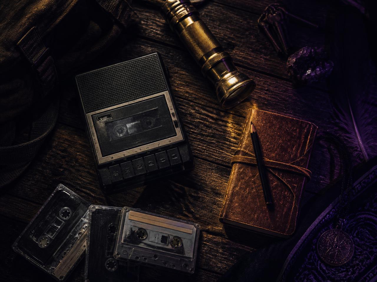 Grabadora de cassette, cintas y cuaderno de campo de un explorador sobre madera oscura
