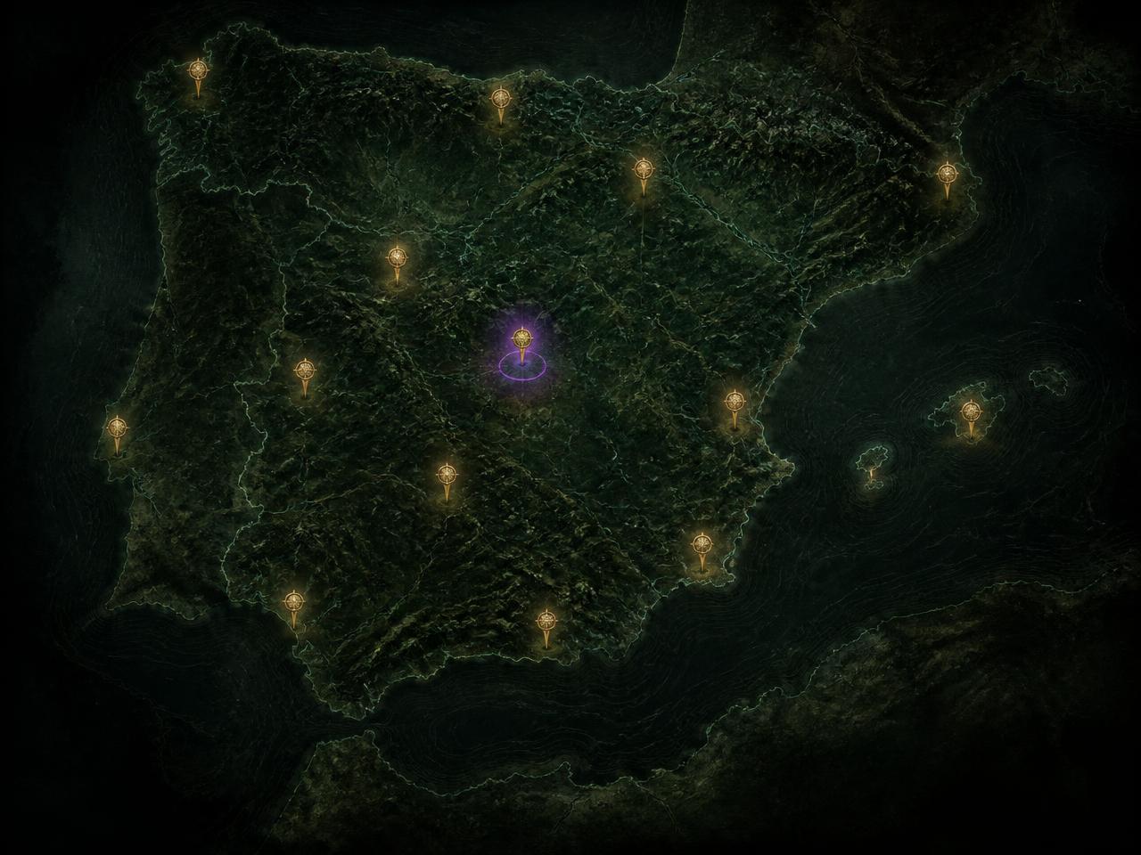 Mapa nocturno con chinchetas doradas señalando lugares de misterio